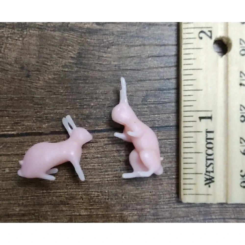 Miniature Pink Bunny Rabbit Lot Of 2 Plastic Toy Figure Vtg B2